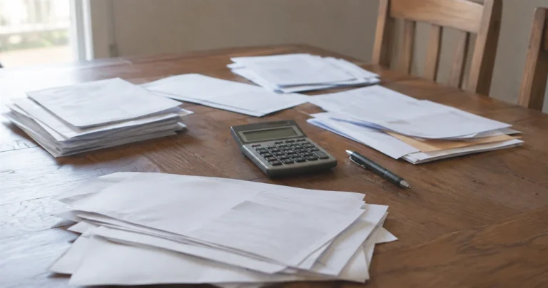 Household financial paperwork on a dining table with a calculator and a pen