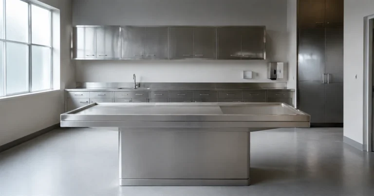 An empty clinical preparation room with a stainless steel table and cabinets
