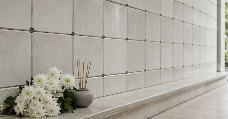 A columbarium wall of memorial niches with white chrysanthemums and incense on a ledge