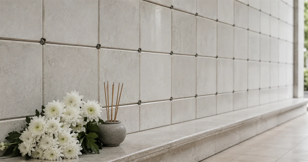 A columbarium wall of memorial niches with white chrysanthemums and incense on a ledge