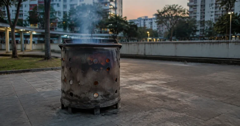 A metal joss paper burning bin on a paved area of a housing estate at dusk