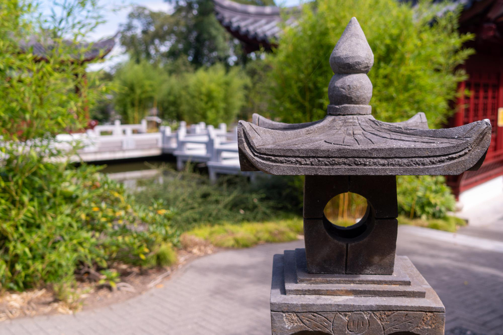 Stone lantern in a landscaped garden