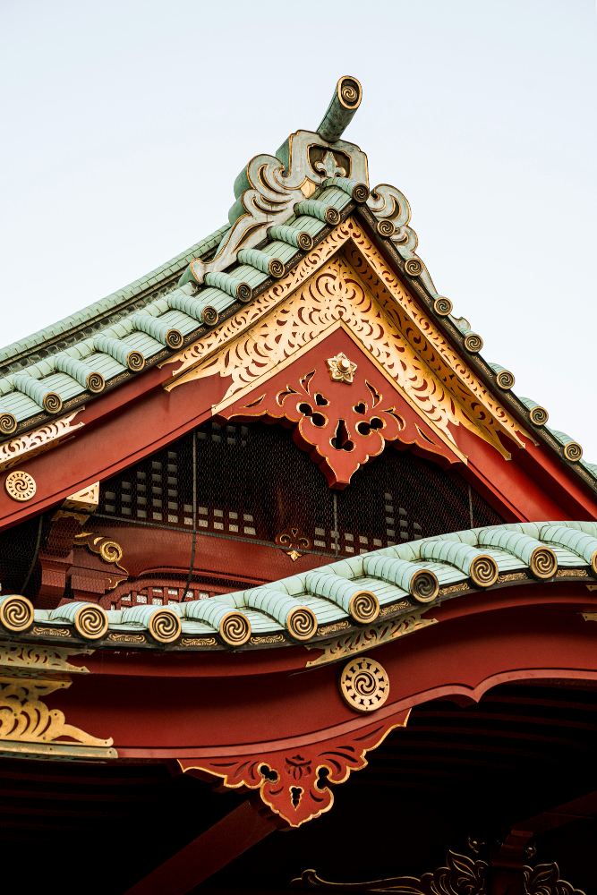 Ornate traditional temple roof and decorative eaves