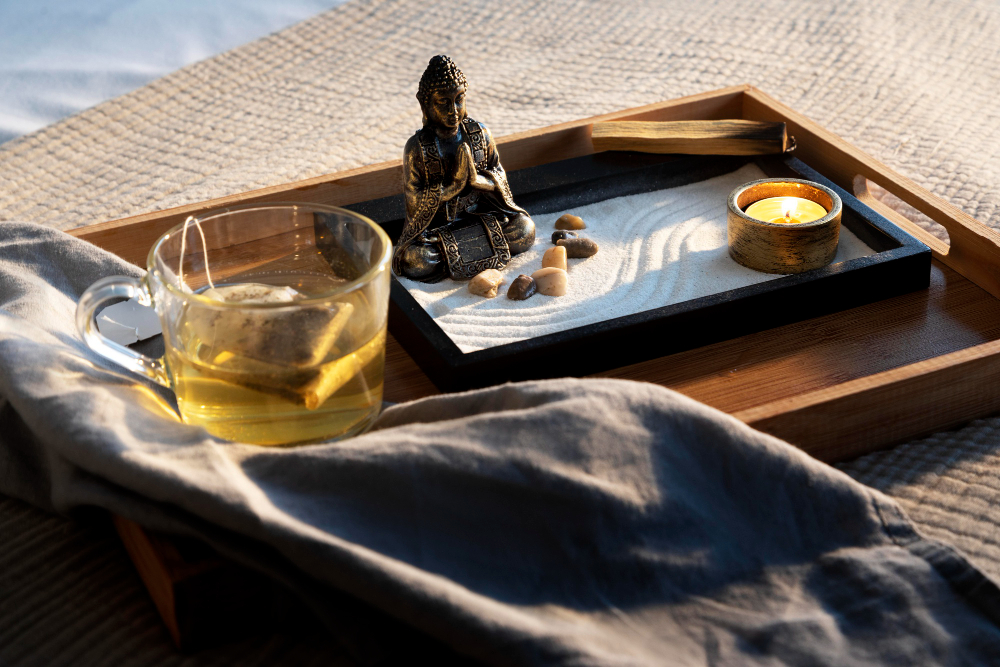 Tea, a meditation figure and a lit candle